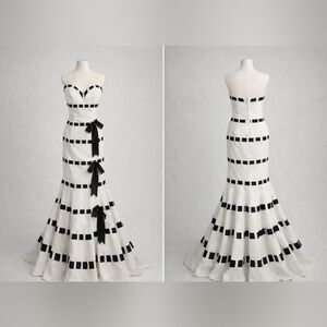 Terani Couture Strapless White Gown with Black Ribbon Accents